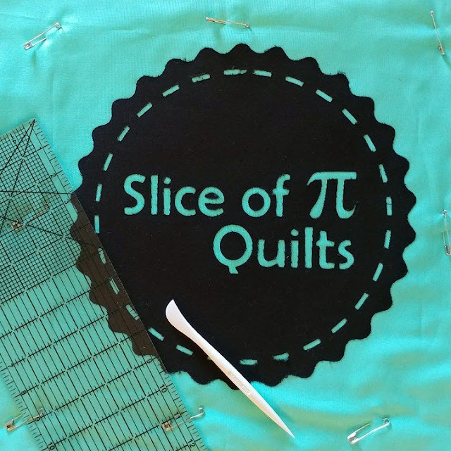 Quilted tote bag with Slice of Pi Quilts logo