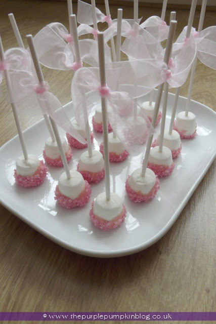 Pink Encrusted Marshmallow Pops for a Baby Shower at The Purple Pumpkin Blog