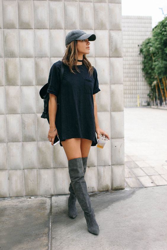 T-shirt Dress, Black Cap, Grey Suede Over the Knee Boots