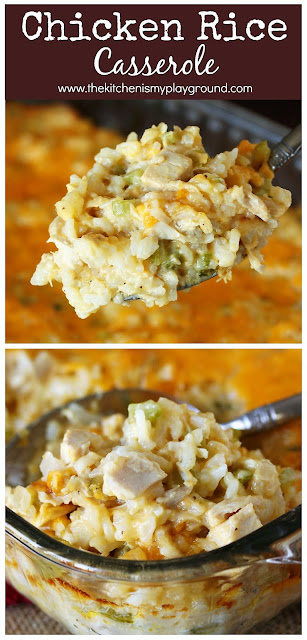 Creamy Chicken Rice Casserole ~ With its creamy deliciousness & how easy it is to make, it's a hit with both kids & grown-ups alike!  Take advantage of a store-made rotisserie chicken to make prep even that much easier.  www.thekitchenismyplayground.com