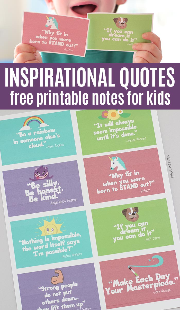 Free printable inspirational quote cards for kids! These adorable cards remind kids to be kind and never give up with quotes they will love. Perfect for lunchbox notes, random acts of kindness, or just because. #lunchboxlove #inspirationalquotes #freeprintables #printablesforkids