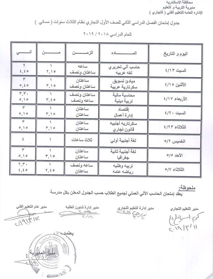 جداول امتحانات الترم الثاني 2019 للتعليم الفني محافظة الاسكندرية 1%2B%252824%2529