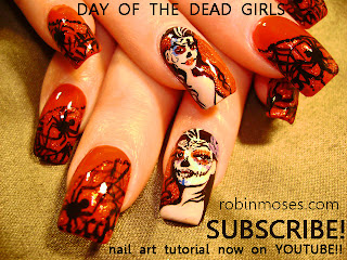 DAY OF THE DEAD girl RED AND BLACK nail art design, gothic black and white rose nail art design, simple diagonal green with green stripes nail art design......robin moses nailart for friday