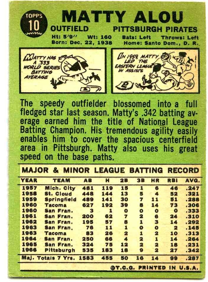 1967 Topps Baseball Set 10 Pittsburgh Pirate Matty Alou. Baseball's