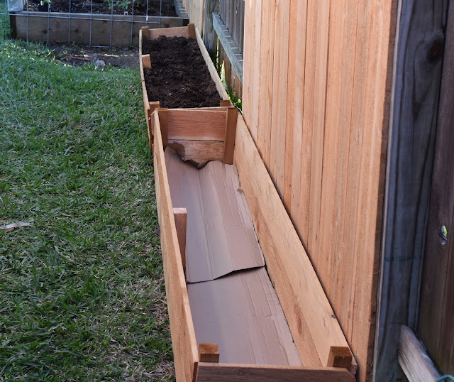 Two cedar picket raised beds lined up against the fence