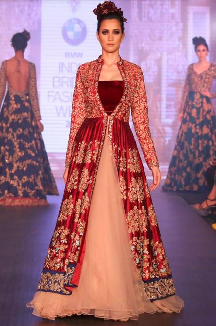 RED VELVET GOLD EMBROIDERED WEDDING GOWN BY SHYAMAL BHUMIKA
