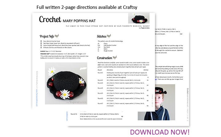 Crochet Pattern: Mary Poppins faux straw hat -- uses sparkle yarn for shine! Perfect for Halloween or cosplay. | The Inspired Wren