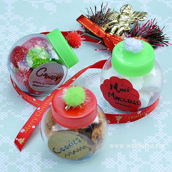 Elves' Cookie and Candy Jars ~ Every Elf needs his own stash of sweet treats and these tiny jars are adorable ! Perfect kids craft .. and they will love to see what the Elf was up to when they weren't looking ! #ElfOnTheShelf #Christmas #KidsCraft www.withablast.net