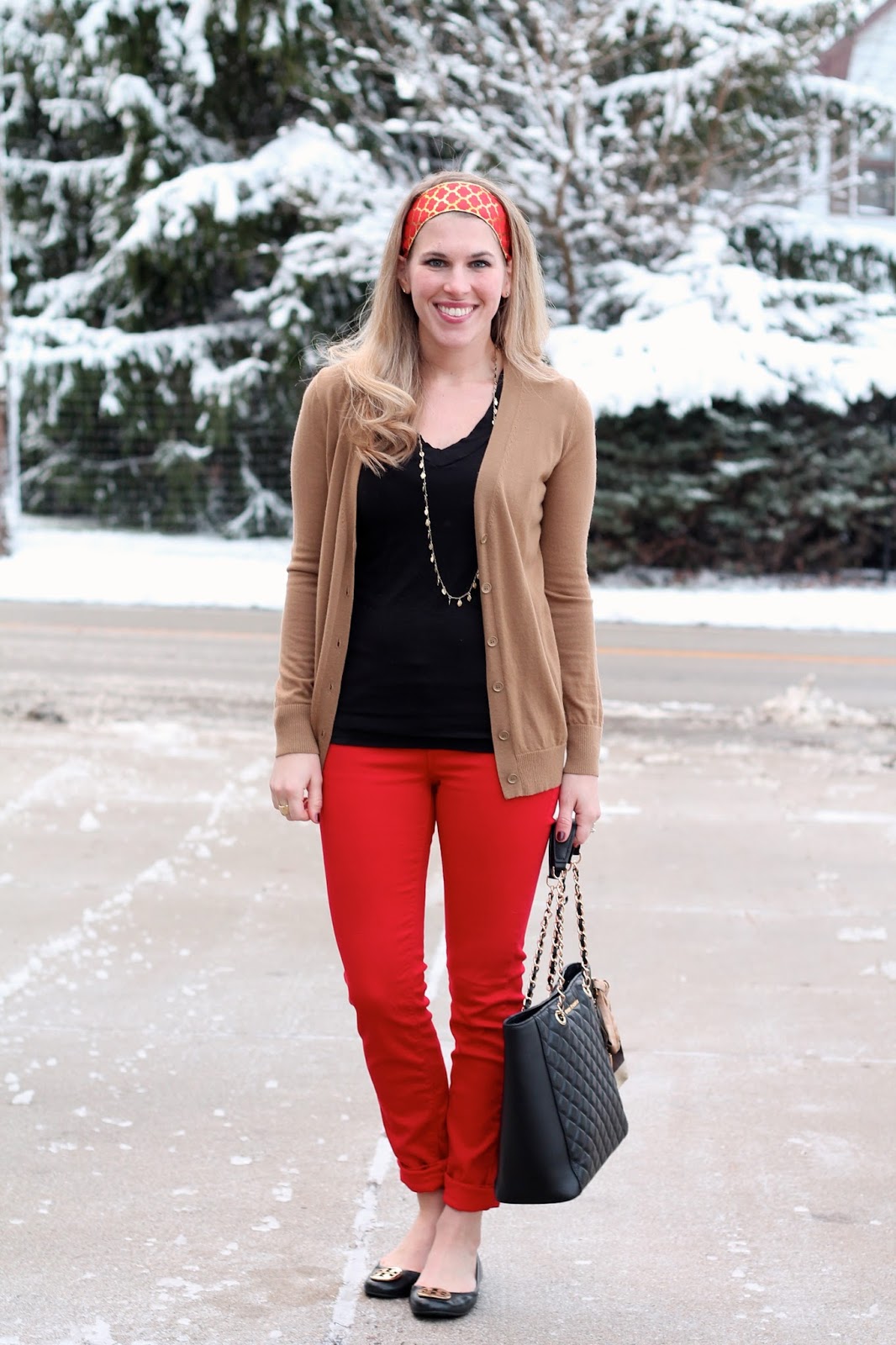 Red Jeans and Camel Cardigan