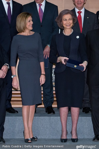 Maria Dolores de Cospedal and Queen Sofia of Spain attends the awards of the 'Real Fundacion de Toledo' at the 'El Greco' auditorium