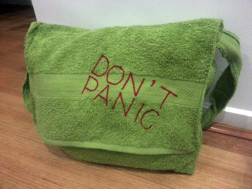 Don T Panic Towel Messenger Bag Nerd By Night This Towel Messenger Bag Is Not Only Good To Avoid The Gaze Of Ravenous Bugblatter Beast Traal But You Can Also Use It Carry Around Things