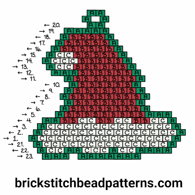 Click for a larger image of the Super Santa Hat brick stitch bead pattern labeled color chart.