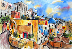 santorini greece watercolor painting ink terry
