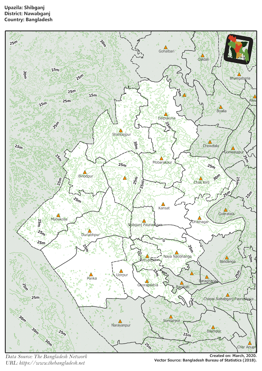 Shibganj Upazila Elevation Map Nawabganj District Bangladesh