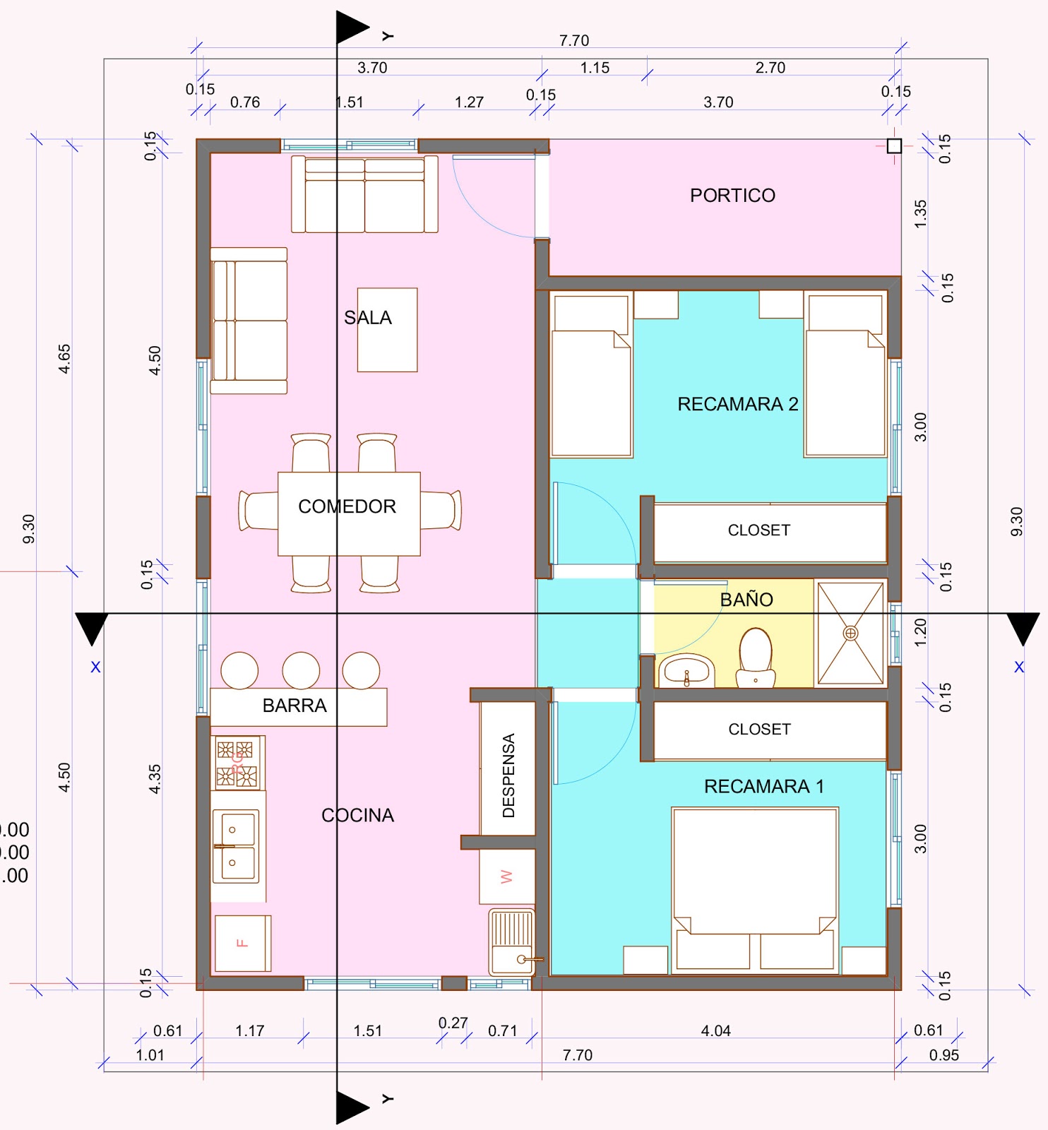 Concentración vena región Plano Arquitectónico de Casa Habitación de un piso de 7.70 x 9.30 -  Proyectos de Casas