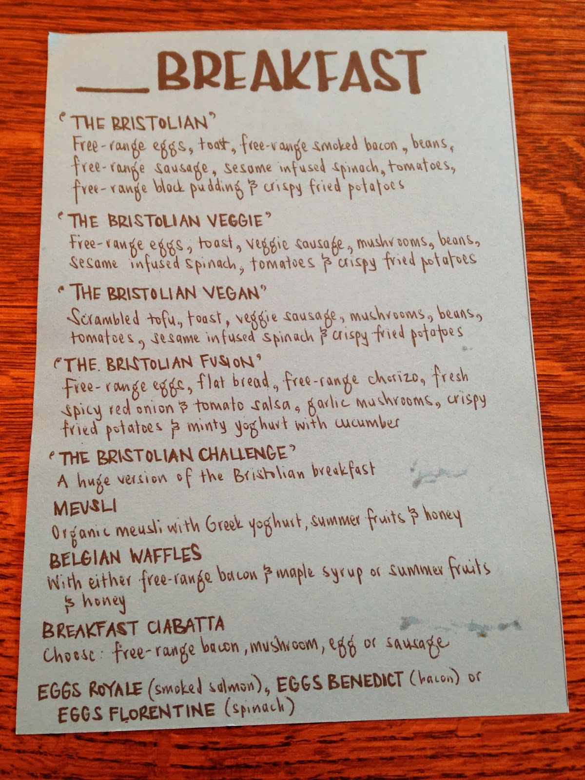 Breakfast menu at The Bristolian, Bristol