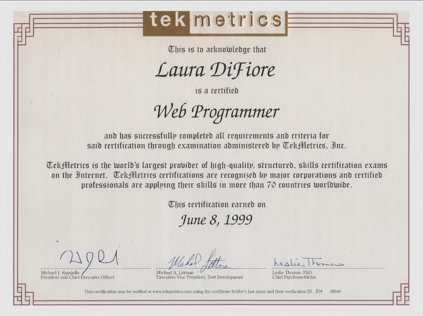 The Pages of My Life: Certificate: TekMetrics HTML/Web Programmer