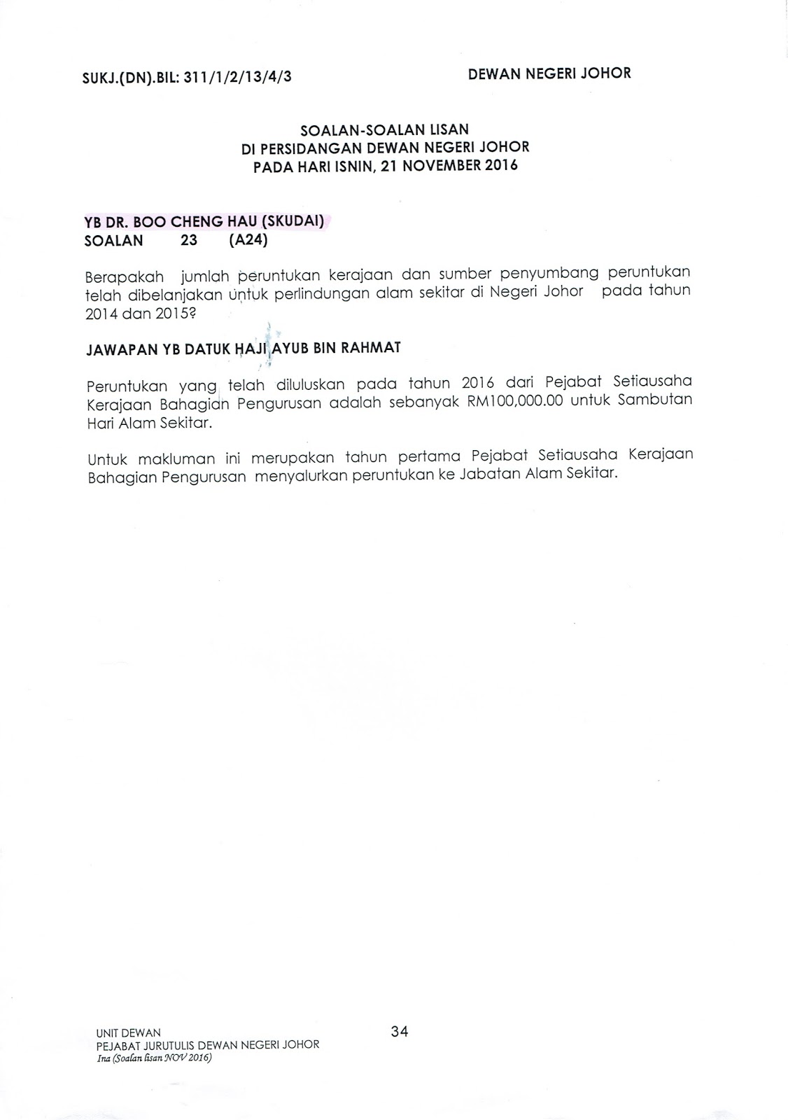 Jawapan Kepada Soalan Bertulis DUN November 2016  Dr. Boo Cheng Hau's