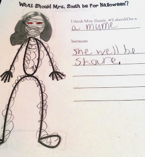 A super fun and FREE art activity for October! Students decorate a picture of their teacher to show "What Should My Teacher be for Halloween" Super easy project that kids love!