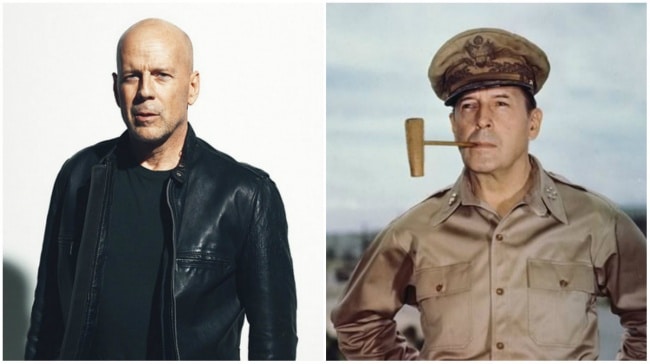 Bruce Willis e um general da Segunda Guerra Mundial, Douglas MacArthur Bruce Willis e um general da Segunda Guerra Mundial, Douglas MacArthur