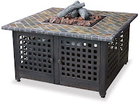 Blue Rhino GAD860SP LP Gas Outdoor Firebowl with Slate/Marble Mantel, high 40,000 BTU heat output, electronic ignition system, uses standard 20 lb lp tank, antique bronze color latticed steel frame