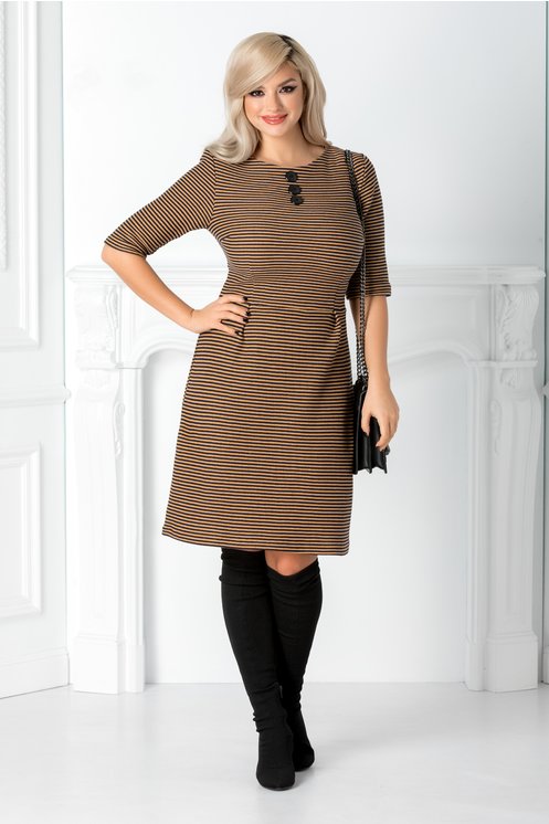 Rochie femei voluptoase office cu dungi bleumarin si crem Rochie femei voluptoase office cu dungi bleumarin si crem