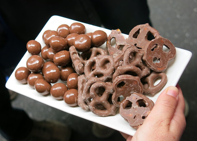 Chocolate covered pretzels and raspberry jubes from Chocamama
