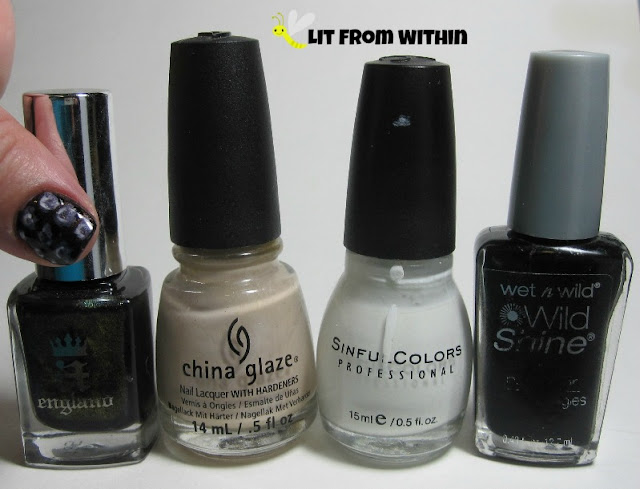 Bottle shot:  A-England Incense Burner, China Glaze Don't Honk Your Thorn, Sinful Colors Snow Me White, and Wet 'n Wild Black Creme.