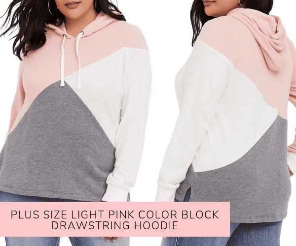 Plus Size Light Pink Color Block Drawstring Hoodie - Lookbook Store