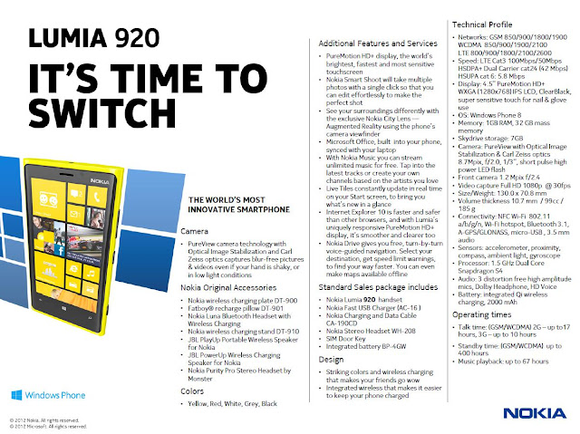 Nokia Lumia 920 - WP 8 - 4.5" - 8.7 MP - Dual-core 1.5 GHz - RAM 1GB - ROM 32GB - 2G, 3G, 4G