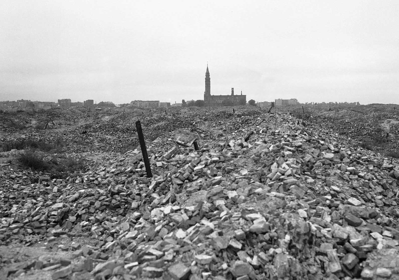 After the Warsaw Ghetto Uprising, the Ghetto was completely destroyed. Of the more than 56,000 Jews captured, about 7,000 were shot, and the remainder were deported to killing centers or concentration camps. This is a view of the remains of the ghetto, which the German SS dynamited to the ground. The Warsaw Ghetto only existed for a few years, and in that time, some 300,000 Polish Jews lost their lives there.