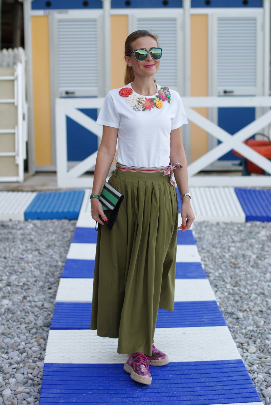 Chic summer look with Natural World Eco lace up espadrilles and green maxi skirt on Fashion and Cookies fashion blog, fashion blogger style