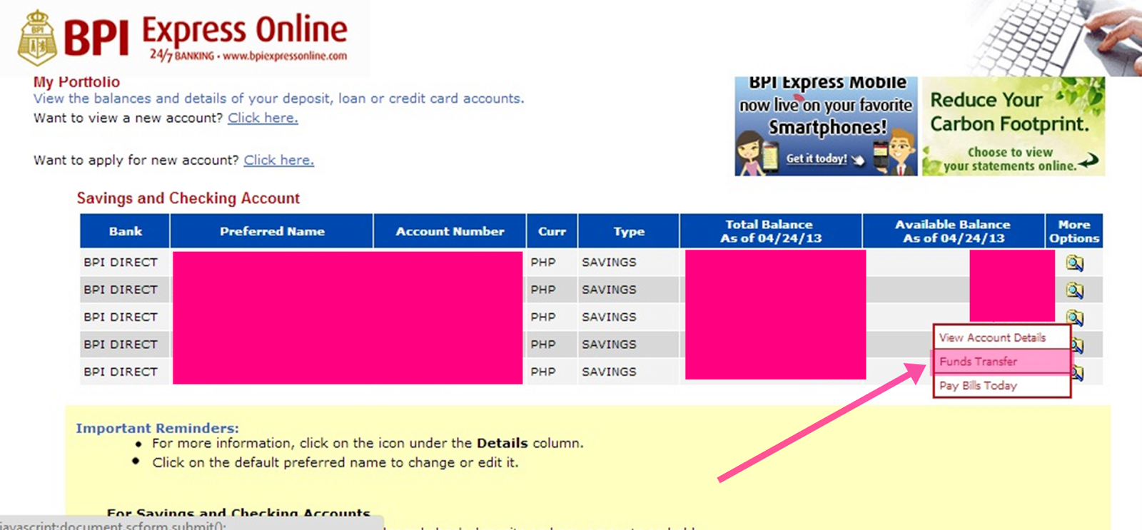 How to Transfer Money from BPI Direct SaveUp to BPI Express Teller