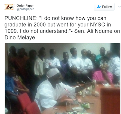 Nigerians mock Dino Melaye's certificate scandal, make "NYSC in 1999" a trending topic on Twitter 4