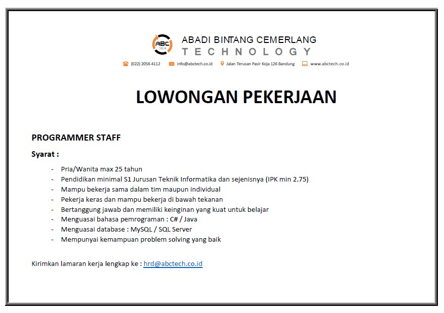 Lowongan Kerja Teknik Informatika Bumn Lowongan Kerja Teknik Informatika Bumn