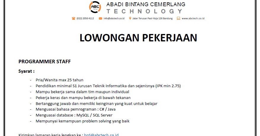 Lowongan pekerjaan lulusan teknik informatika