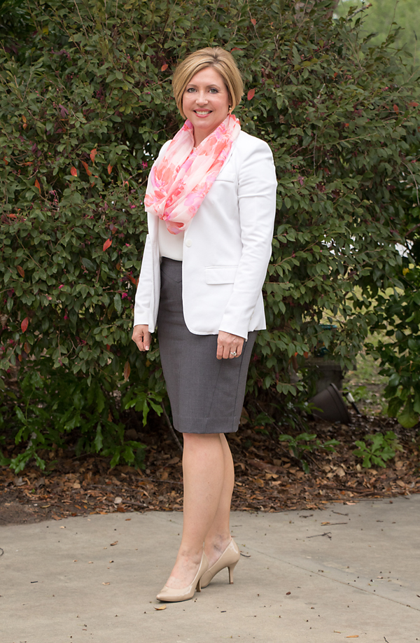 white blazer and grey skirt office outfit