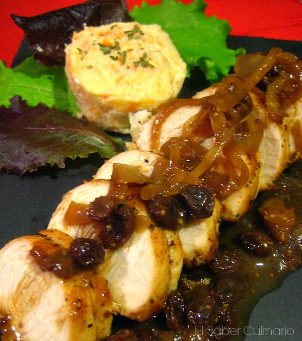 Solomillo de pavo con salsa de naranja agridulce y mostaza a la antigua