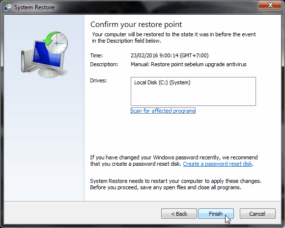 System Restore di Windows 7