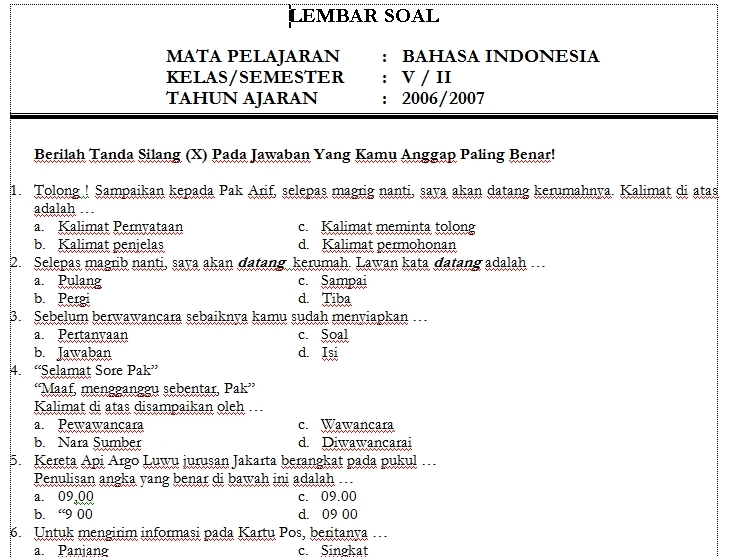 Soal Ujian Bahasa Indonesia Mid Semester Genap Kelas 3 Sd
