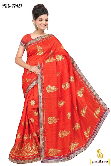 Karva Chauth festival special orange bhagalpuri silk embroidery saree online shopping with discount sale and deals