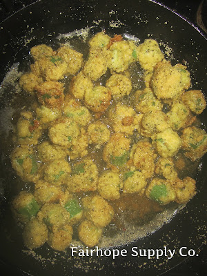frying okra in a cast iron skillet - Fairhope Supply Co. 