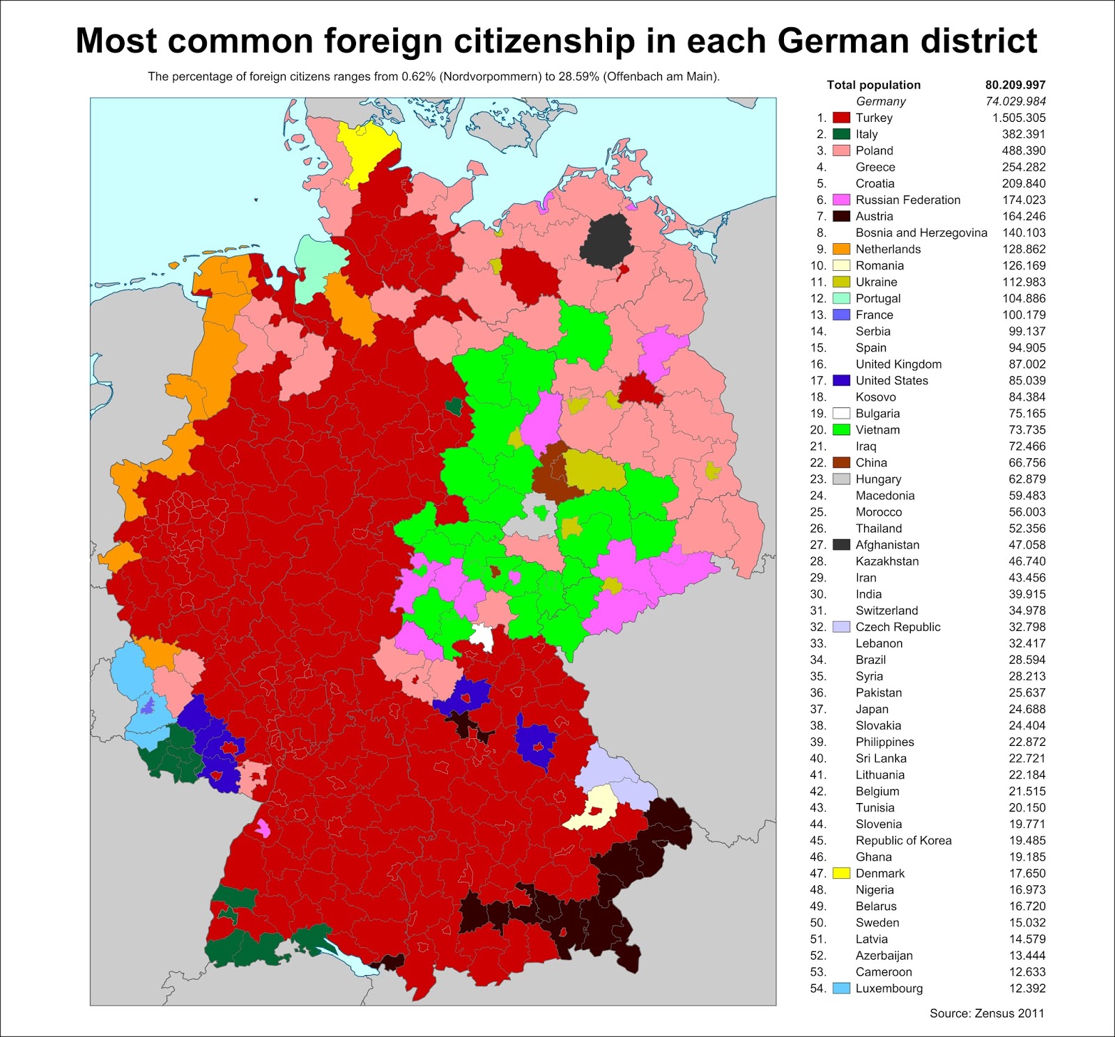 Map of the most common foreign citizenship in each German district