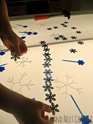 Snowflake light table and fine motor play from And Next Comes L