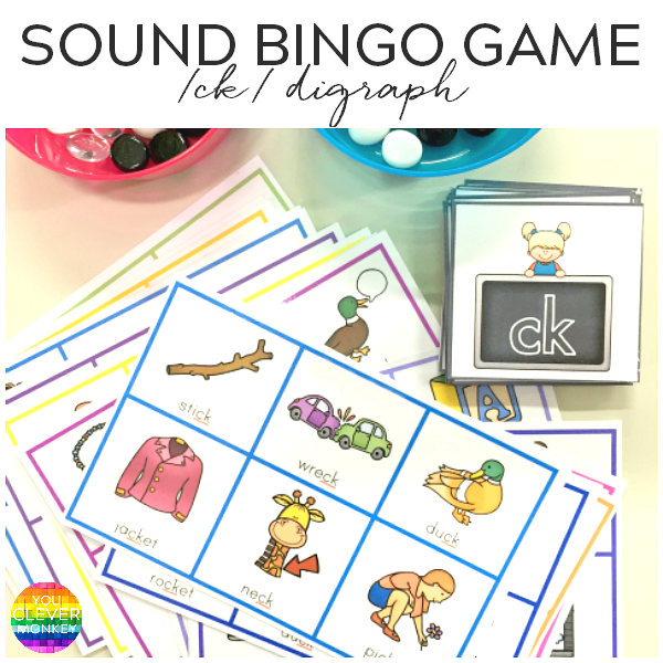 Printable Digraph Sound Bingo Game - ck words. A classroom set of ready to print BINGO cards focusing on words with the digraph /ck/ | you clever monkey