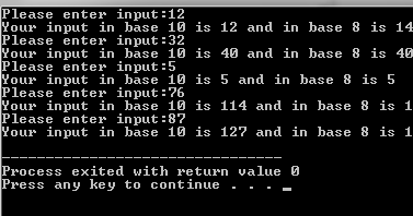 base 10 to octal conversion of multiple numbers in c++ using for loop
