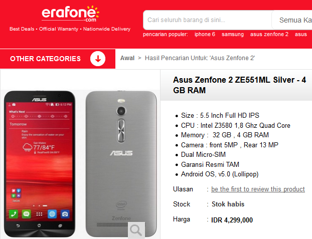 harga asus zenfone 2 ze551ml 4gb 32 gb erafone