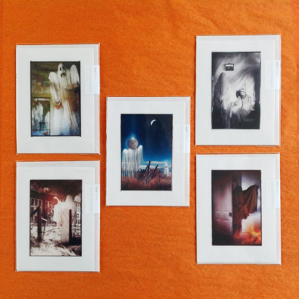 From a 9 card series of spooky scenes featuring ghosts in haunted houses and creepy places.