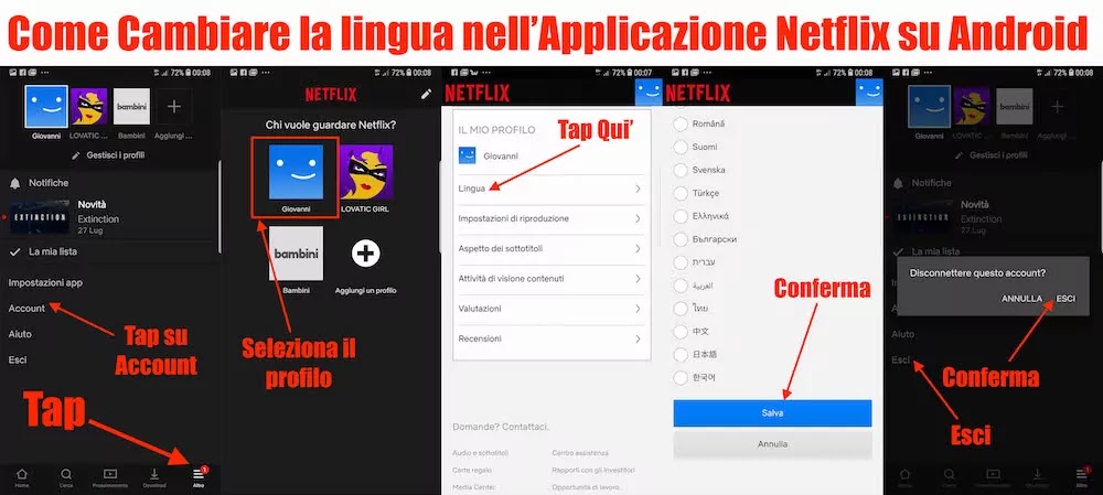 come cambiare la lingua dell'app netflix su android
