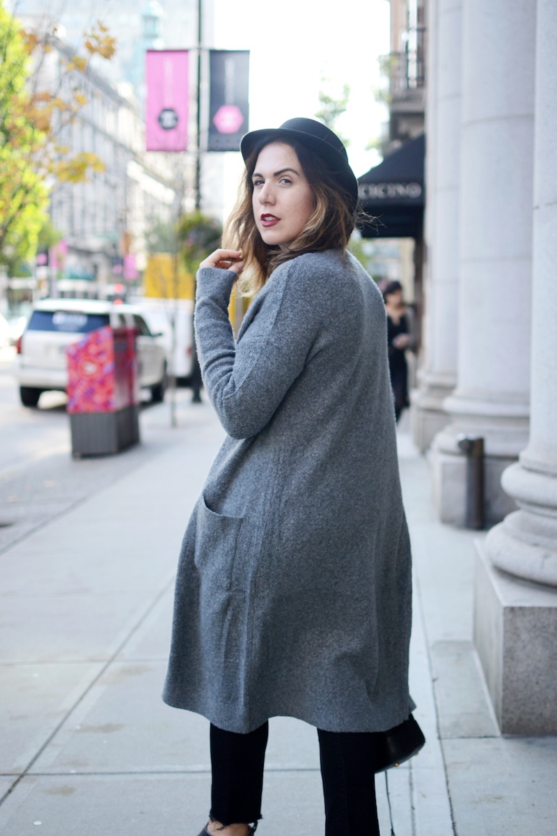 Le Chateau grey coatigan duster cardigan lace-up sweater Aritzia wool bowler hat Alexander Wang Kori boots grey Vancouver fashion blogger winter outfit idea